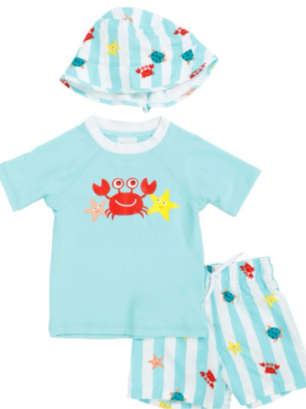 Floatimini Aqua Crab Rash Guard Set with Striped Trunks and Hat